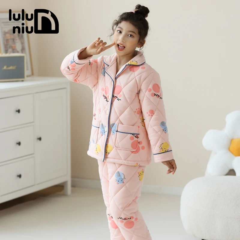 噜噜牛冬季女童儿童睡衣纯棉夹棉三层加厚秋冬女孩大童家居服套装