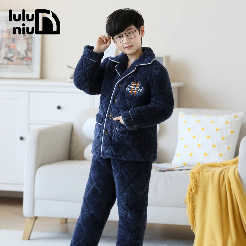 噜噜牛儿童睡衣男孩冬季珊瑚绒三层夹棉秋冬中大童男童睡衣加厚款
