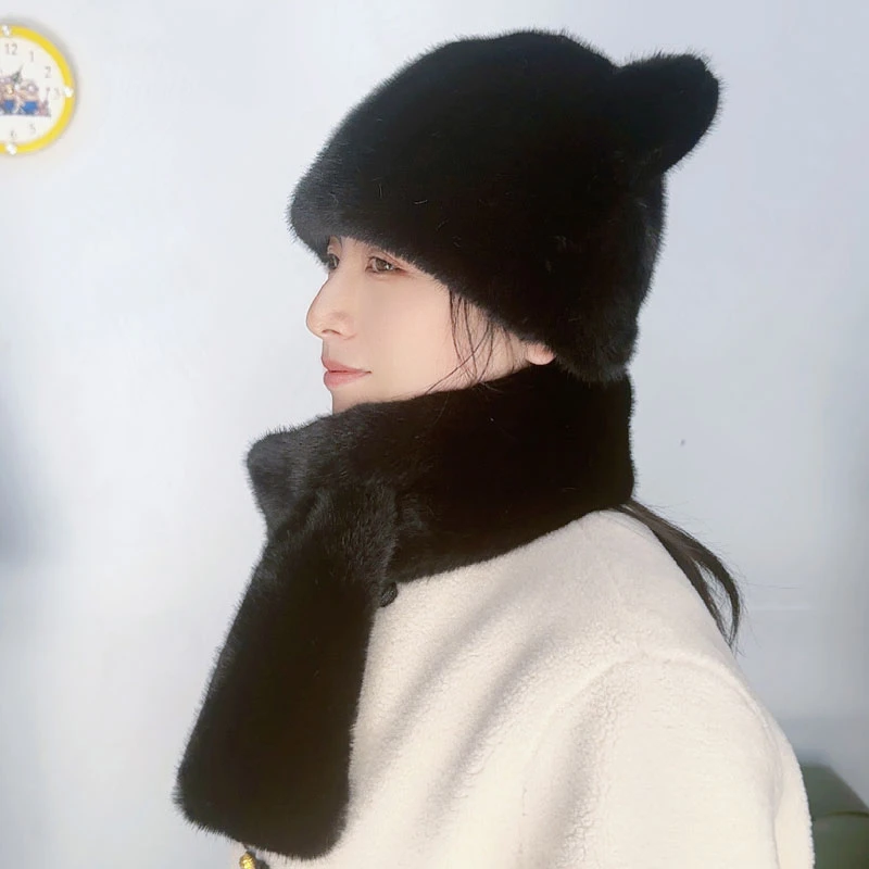 帽子围脖可爱气质显脸小护耳百搭仿貂毛小熊帽子围巾保暖帽防寒