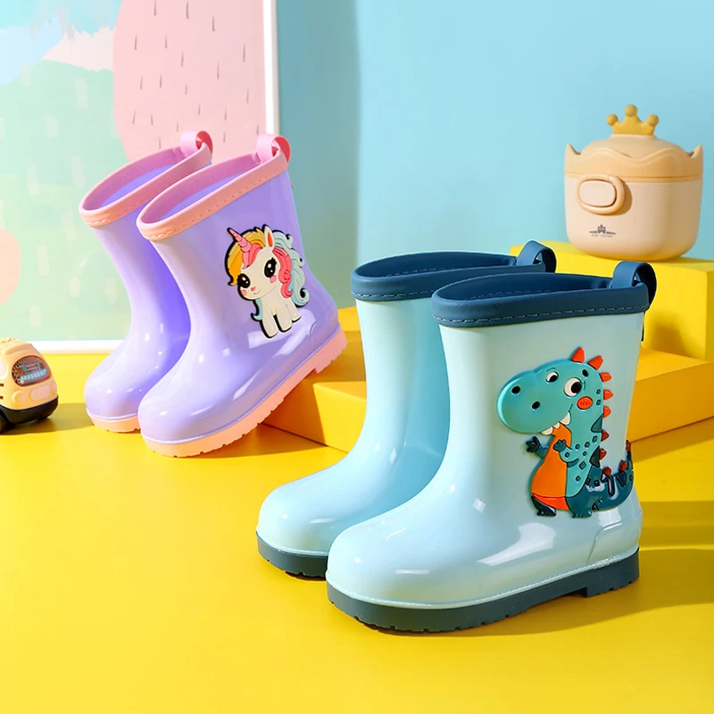 儿童雨鞋卡通可爱公主雨靴中大童雨鞋女童加绒男童恐龙防滑水鞋