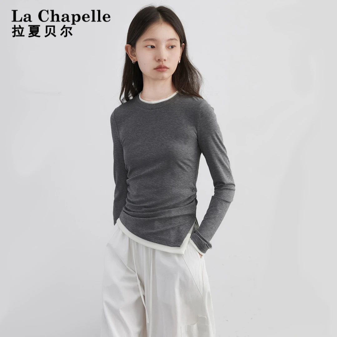【拉夏贝尔】假两件长袖T恤女2025春季新款圆领撞色抽褶打底上衣