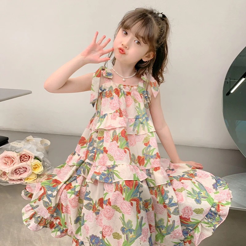 女童公主裙2023新款夏装碎花吊带裙中大童韩版时尚长款女孩连衣裙
