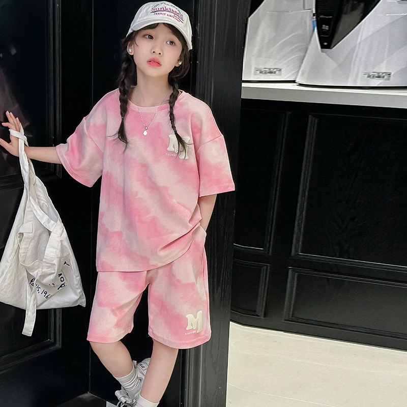 女童2024夏季新款儿童渐变短袖两件套扎染夏装女孩运动短裤套装