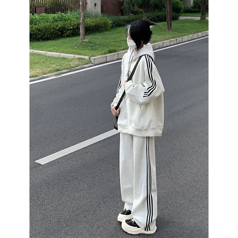 灰色连帽卫衣阔腿裤运动服套装女秋季学生美式宽松跑步休闲两件套