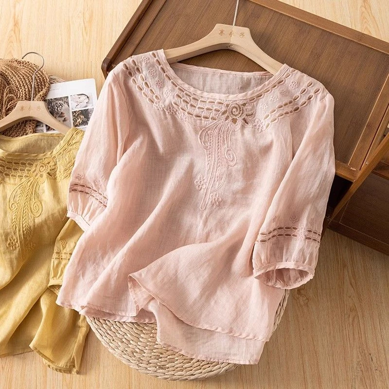 【棉麻】圆领绣花宽松短袖T恤女2024夏季新款休闲上衣中式复古刺绣