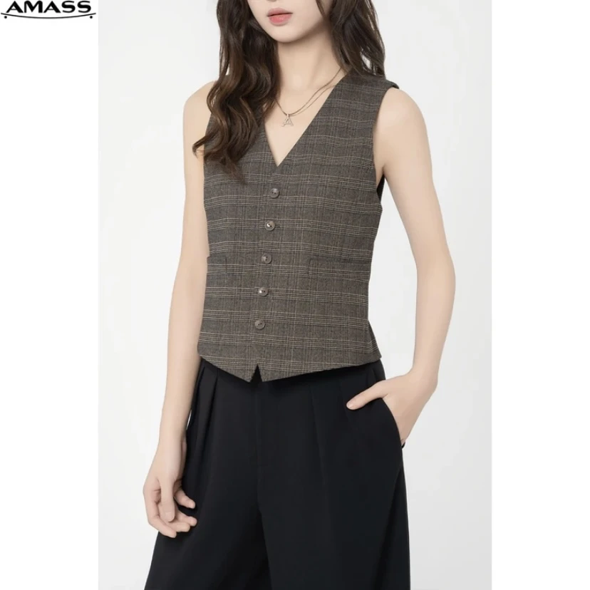AMASS/阿玛施时尚英伦风格纹V领质感女士西装上衣马甲5400680