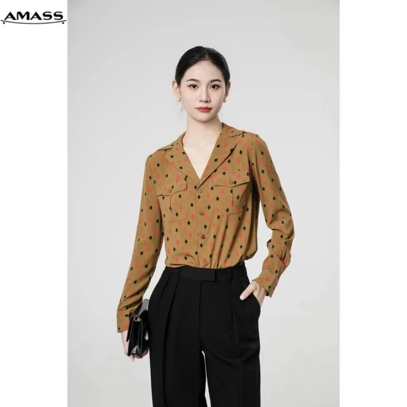 AMASS/阿玛施通勤单排扣长袖V领直身版视觉几何印花衬衫女5300923