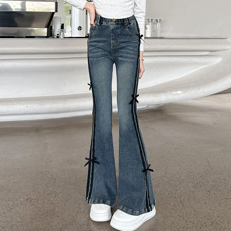 女童喇叭牛仔裤早春2025新款洋气女大童秋装儿童窄版修身拉条裤子