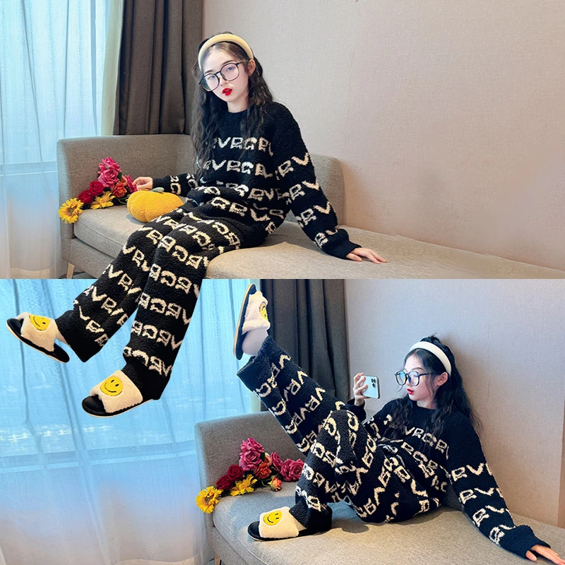 女童睡衣2024新款女孩秋冬款半边绒保暖套装儿童家居服6-12岁潮款