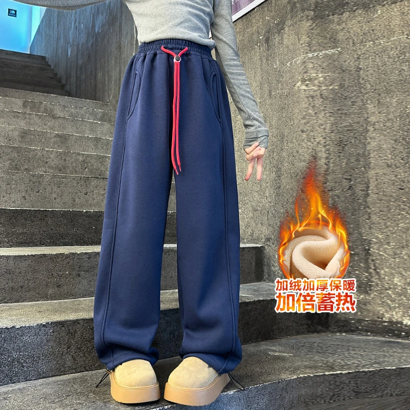 女童加绒裤子秋冬2024新款儿童弯刀直筒运动裤女大童冬季灰色卫裤