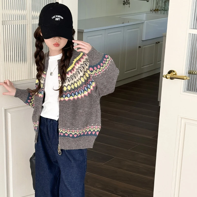 女童秋装开衫外套2024春秋新款女大童时髦慵懒风针织开衫洋气外衣