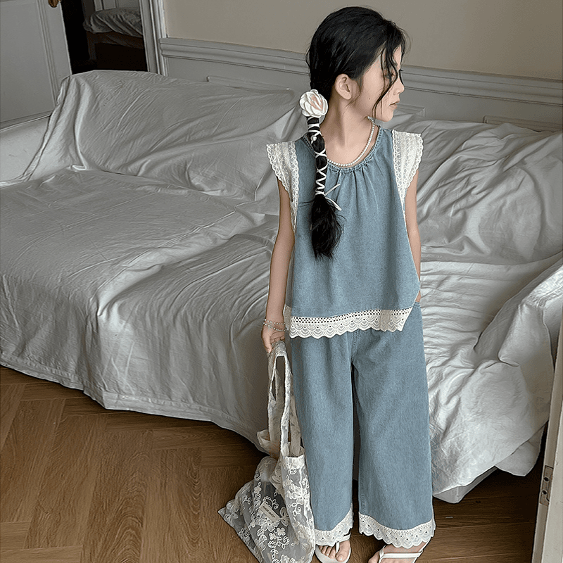 女童夏季牛仔背心套装薄款阔腿裤2024新款女孩无袖两件套童装洋气