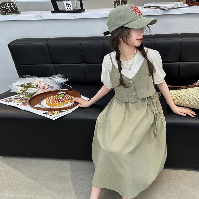 女童假两件连衣裙夏装2024新款中大童短袖薄款时尚小女孩长裙洋气