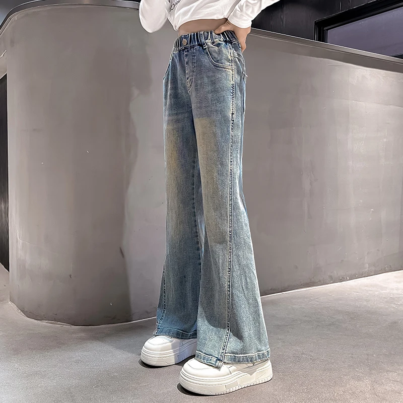 女童牛仔喇叭裤秋装2024新款儿童裤子秋季初中学生女孩大童微喇裤