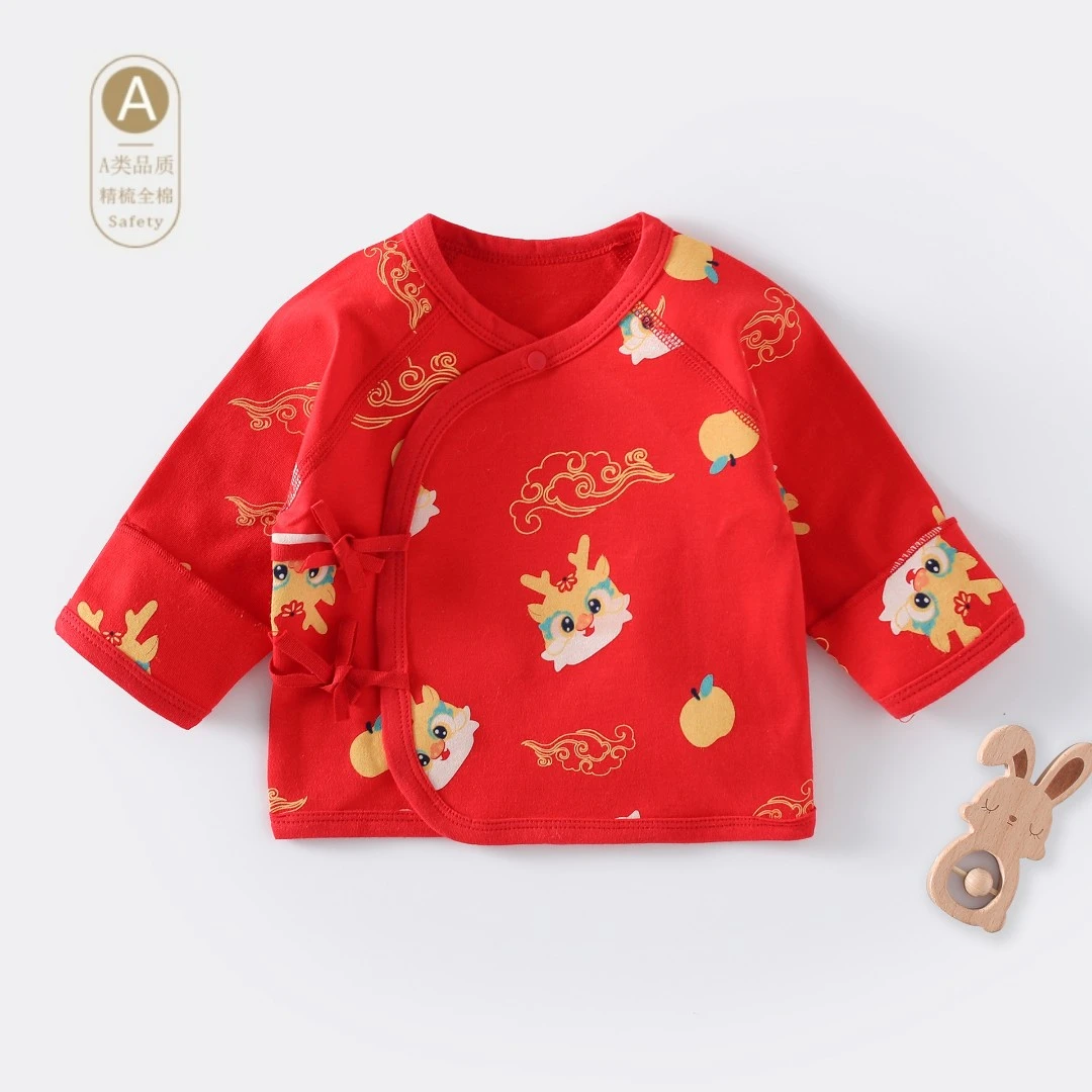 四季穿系带婴儿新生儿半背衣单上衣内衣棉满月服男女宝宝周岁红色