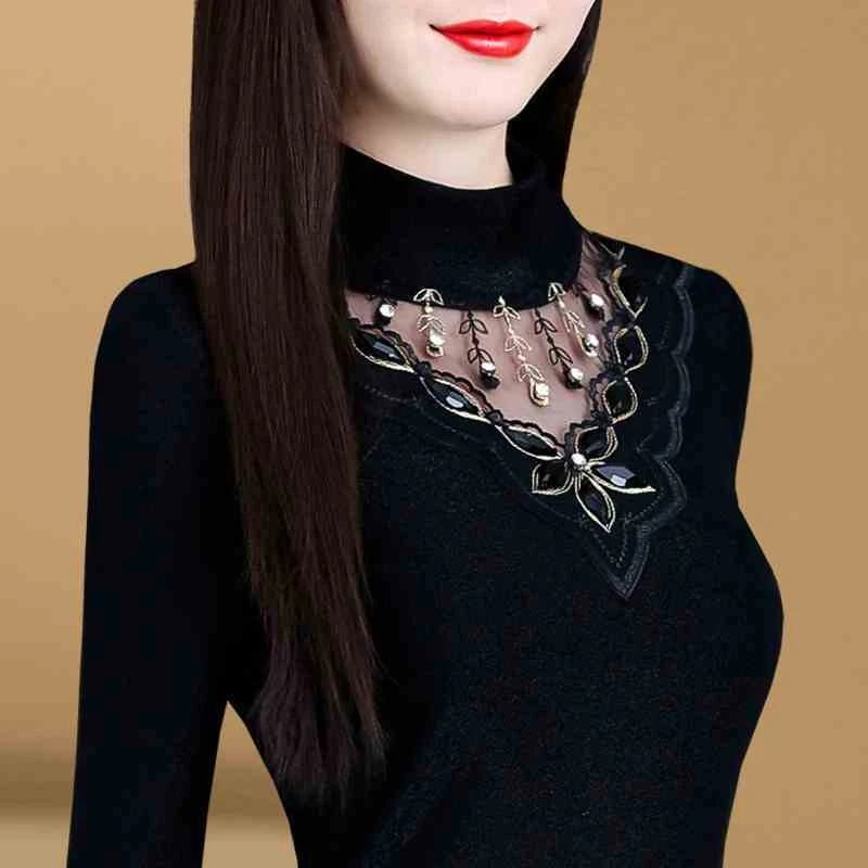 GF#816 新款加绒加厚秋冬百搭洋气蕾丝小衫高领打底衫保暖衣遮肚