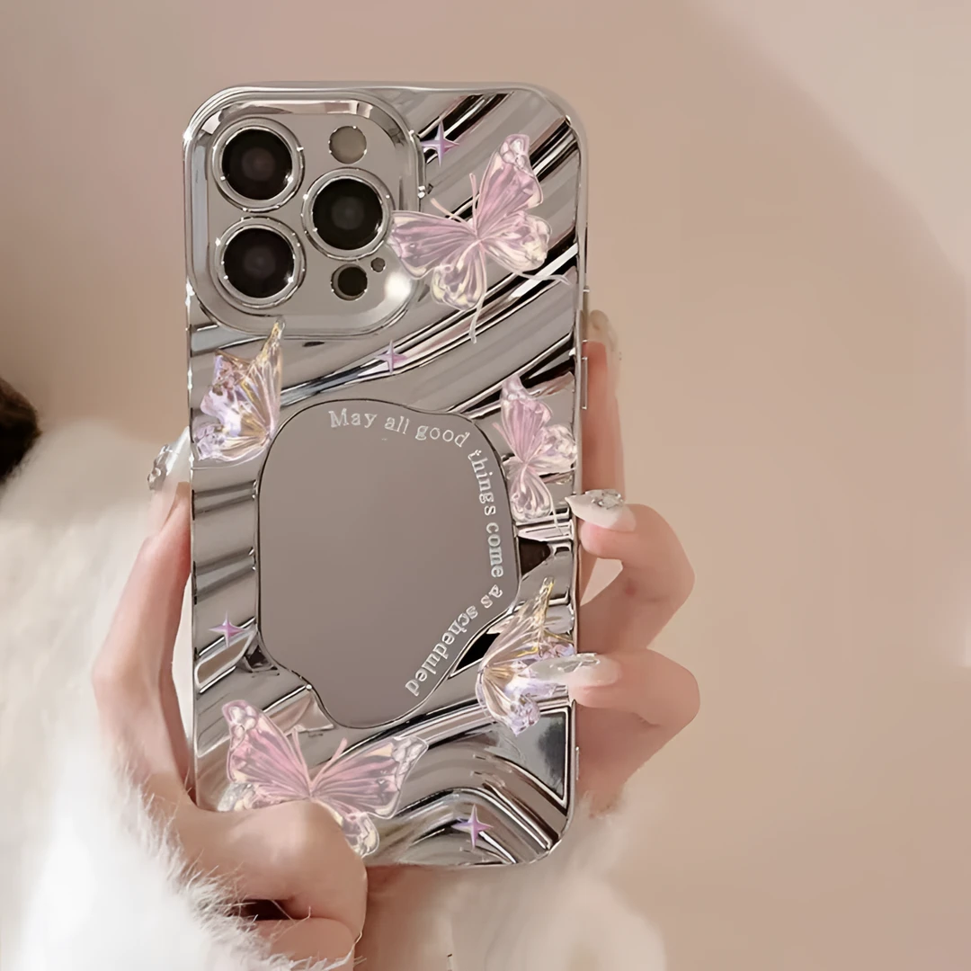 ins水晶梦幻蝴蝶苹果14promax手机壳iphone15/13/12/11镜面xr电镀
