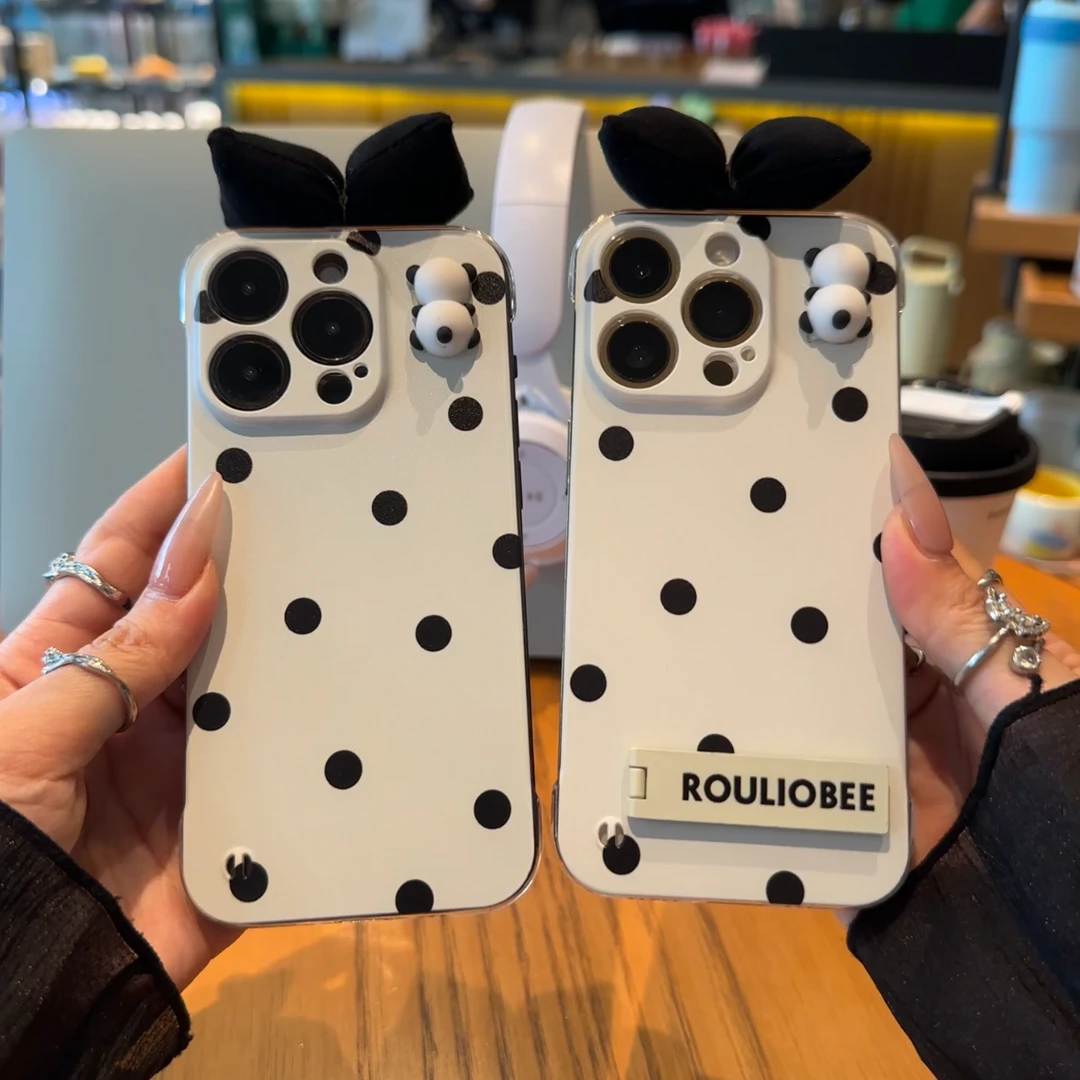 黑波点立体蝴蝶结支架适用苹果16手机壳华为P70vivo小米14oppo套