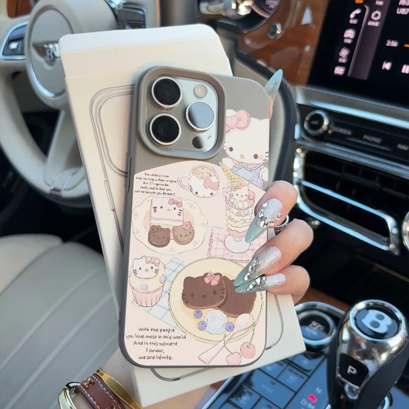 森缪美味Kitty餐盘适用苹果16promax手机壳15plus荔枝纹14/13/12