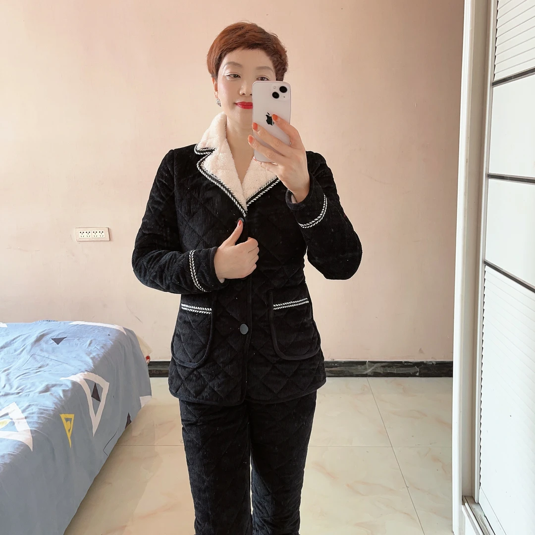 冬季新款西装款棉衣女套装加绒加厚家居服外套睡衣大气上档次修身