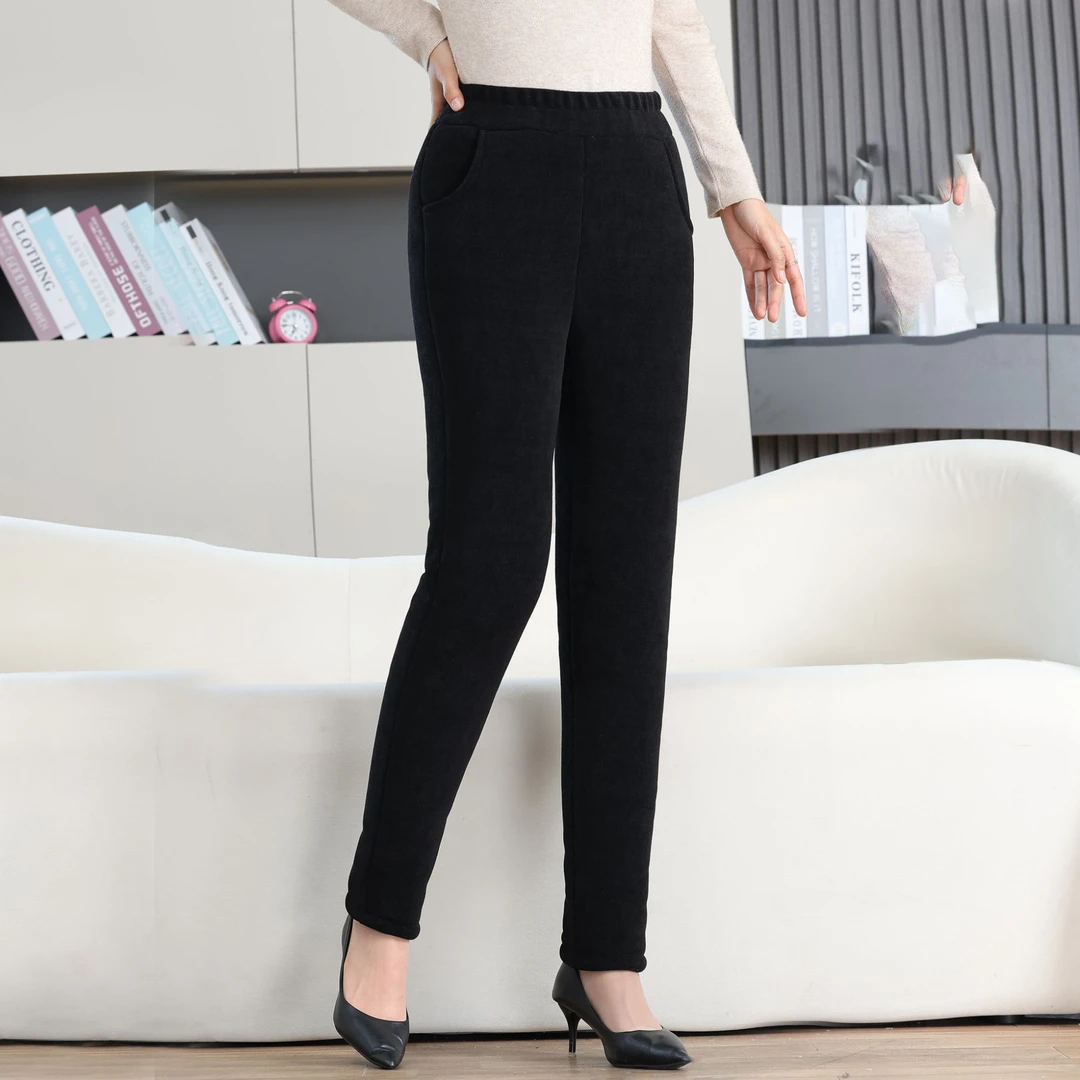 女士棉裤加绒加厚修身显瘦黑色大气保暖新款一条过冬高腰外穿口袋