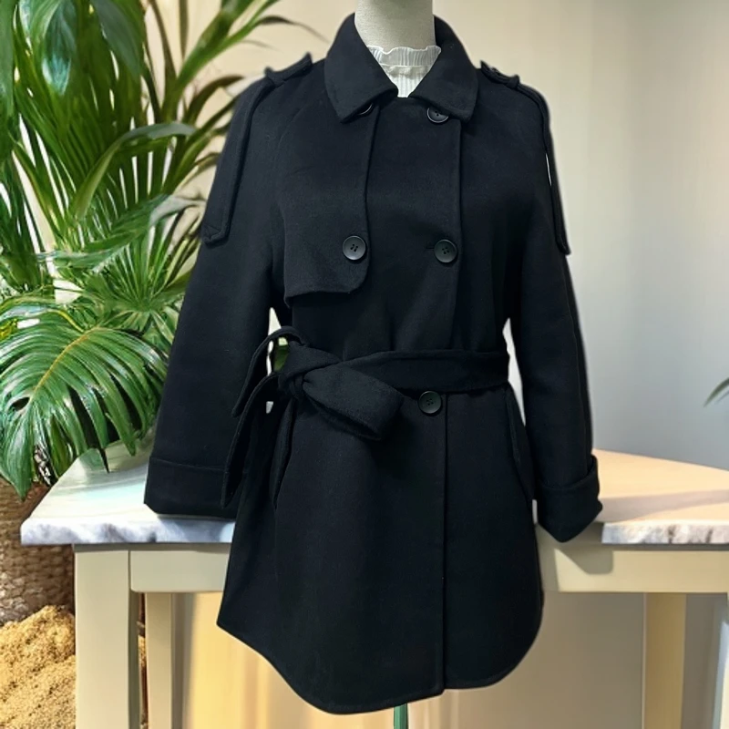 黑色绵羊毛双面呢大衣秋冬时尚毛呢