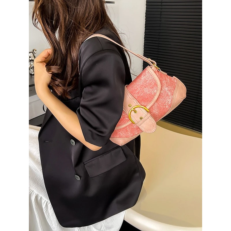 春夏款高级质感小众设计通勤复古拼接单肩手提牛仔腋下包包女001