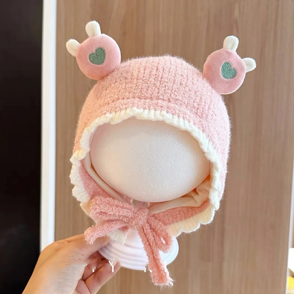 双爱心兔婴儿帽子秋冬季毛线帽宝宝针织帽冬天儿童保暖护耳帽春秋