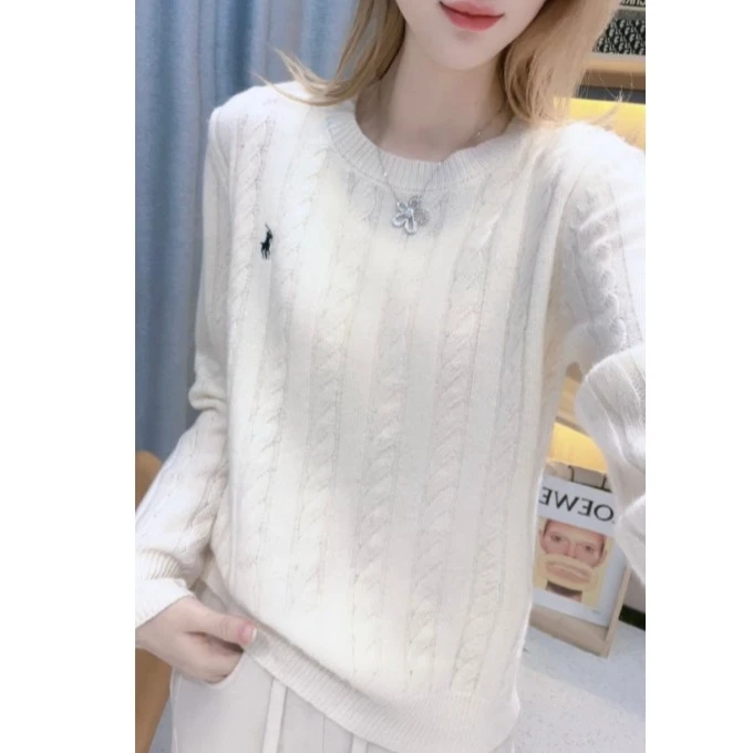 JL【大麻花小马刺绣全羊毛】2023秋季新款圆领长袖羊毛衫针织上衣