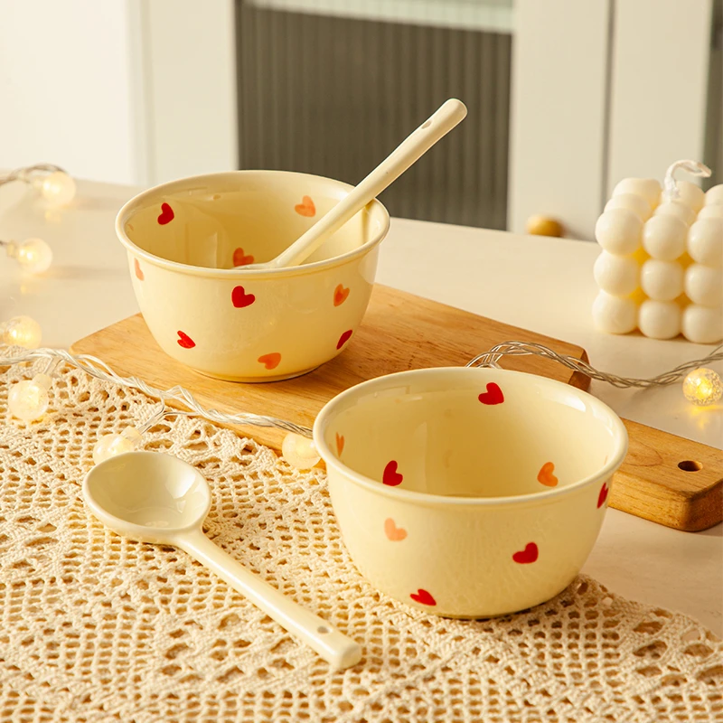 爱心4.5英寸米饭碗2碗2勺可爱网红餐具陶瓷米饭碗套装组合吃饭碗
