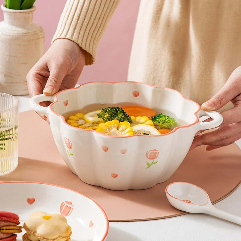 郁金香双耳南瓜大汤碗陶瓷大号家用碗 釉下彩汤碗面碗装螺蛳粉碗