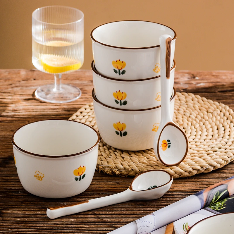 玫瑰皇后米饭碗长柄勺4.5英寸2碗勺 4个装组合家用郁金香米饭碗