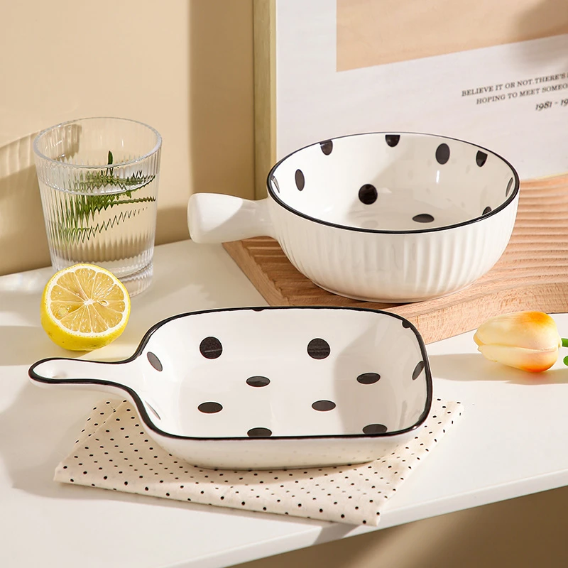 赫本风两件套(手把盘+手柄碗)网红ins釉下彩波点创意陶瓷碗盘餐具