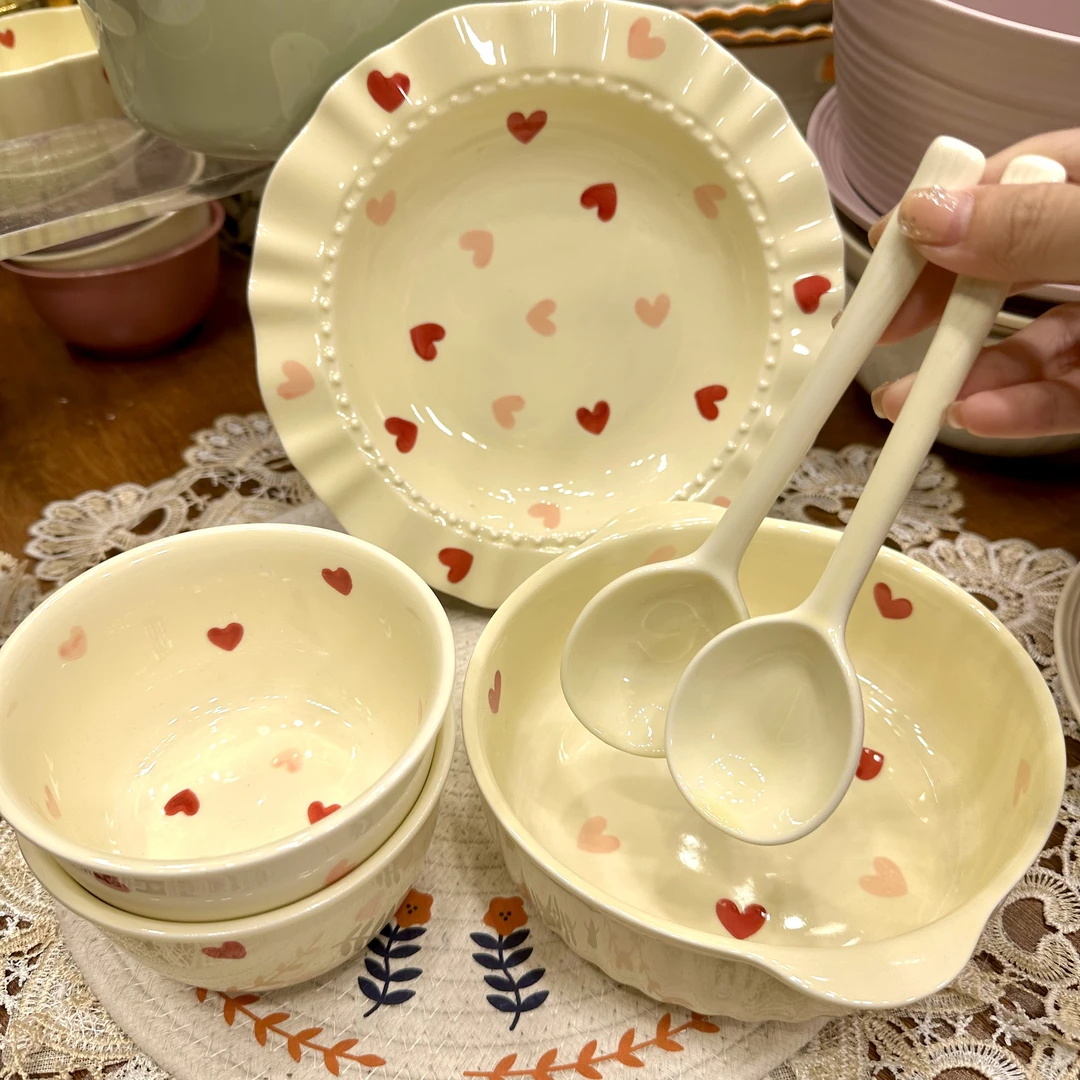 桃心6件套2人食釉下彩奶油风餐具家用2024新款高颜值碗盘套装