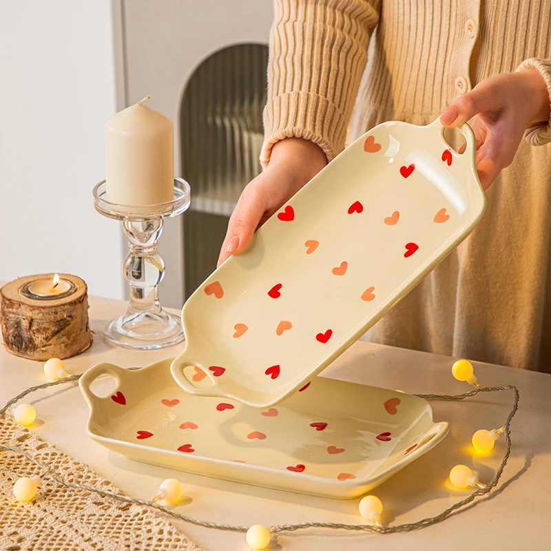 【12寸鱼盘】奶油风桃心双耳鱼盘长盘高颜值盘子红烧鱼盘子清蒸鱼盘