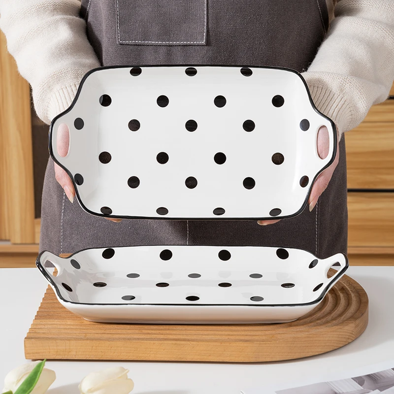 赫本风ins网红12寸双耳鱼盘 釉下彩双耳长方菜盘子