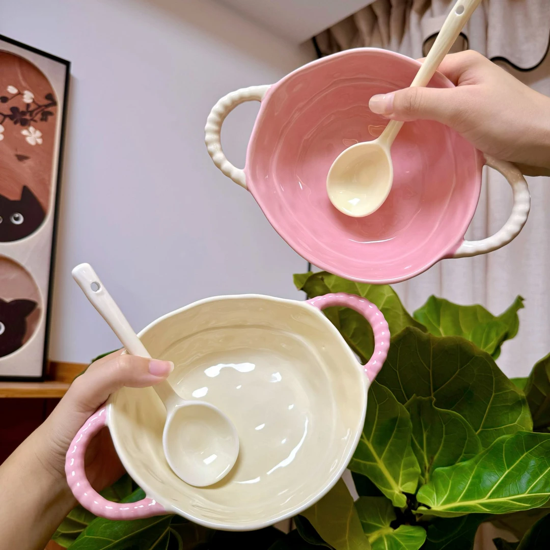 多巴胺拼色双耳烤碗家用陶瓷面碗饭碗水果沙拉碗好看实用釉下彩