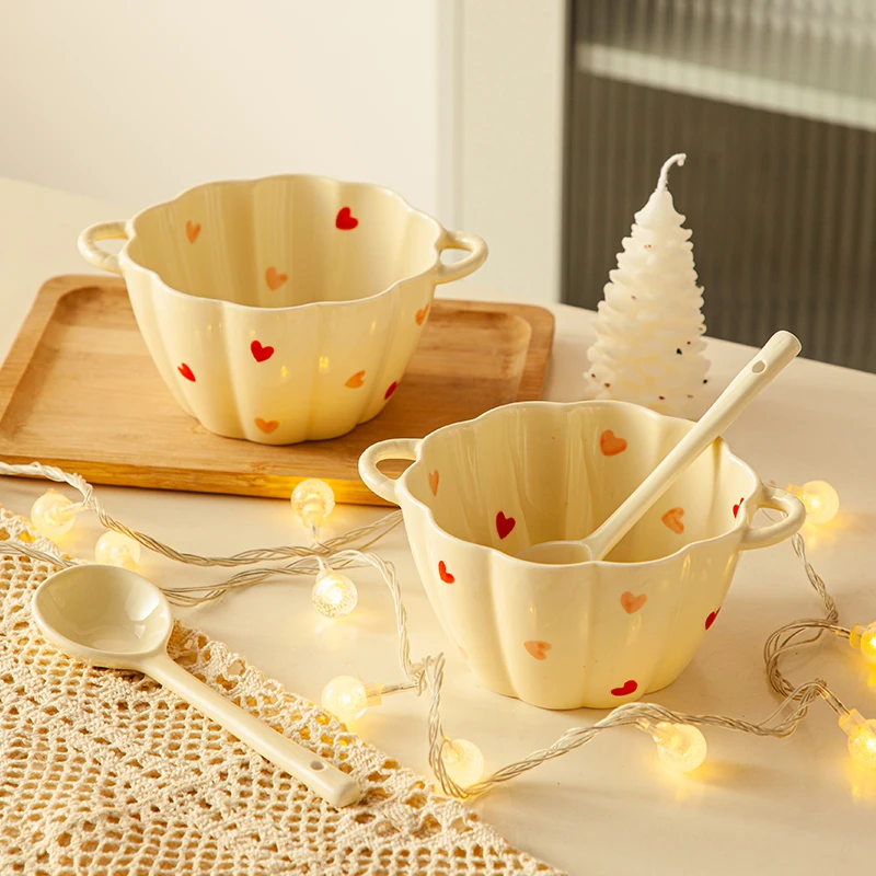 【釉下彩】奶油风小南瓜碗面碗吃饭碗勺家用碗蒸蛋碗少女心餐具TG