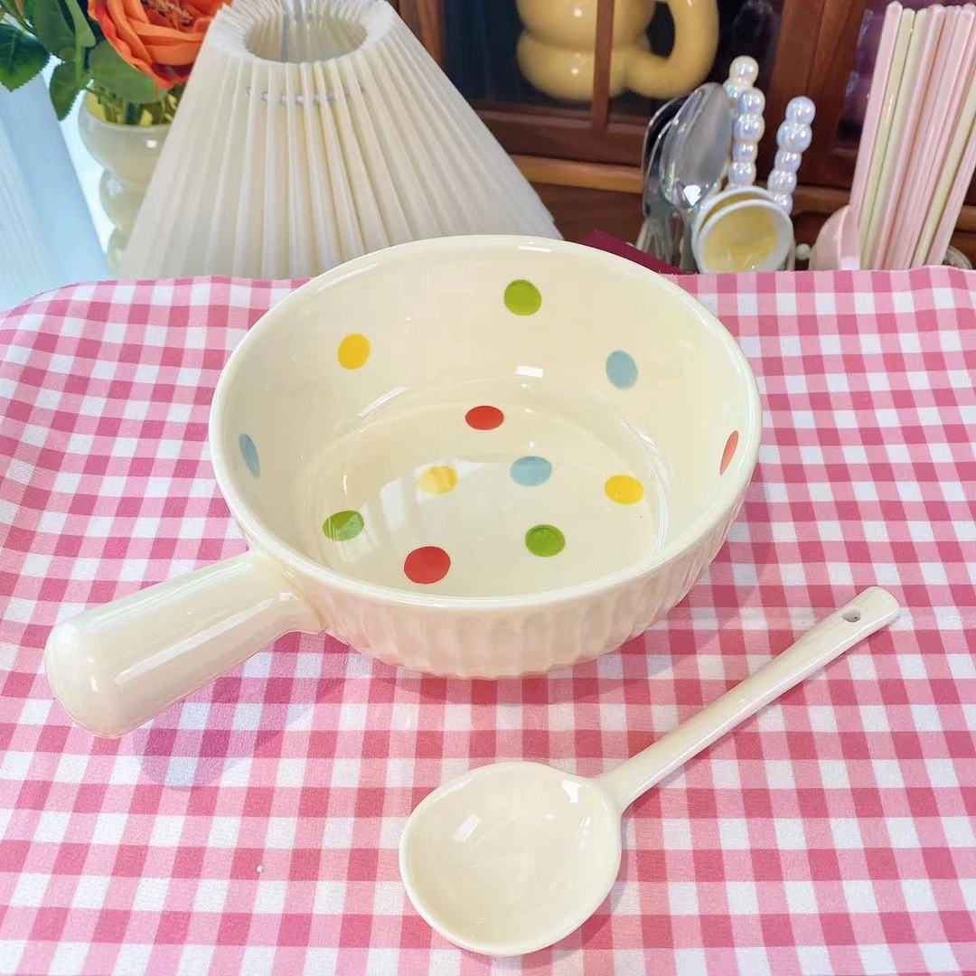 缤纷手把碗带勺水果碗沙拉碗带把焗饭碗泡面碗早餐碗辅食碗ins风