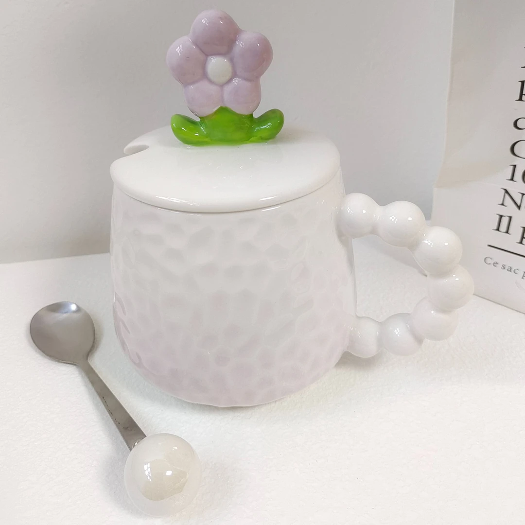 紫色小花马克杯可爱水杯子带盖带勺少女系列学生情侣杯简约奶杯