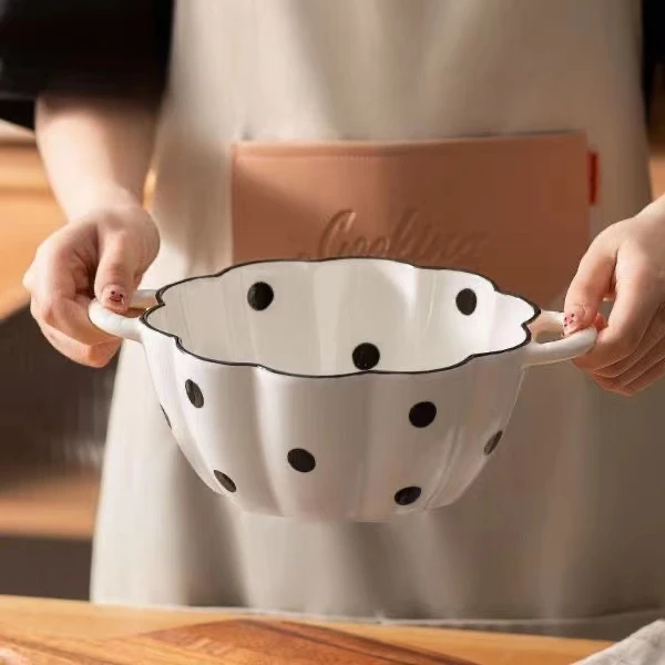 赫本风波点陶瓷10英寸双耳南瓜大汤碗餐具家用餐具ins风汤盆