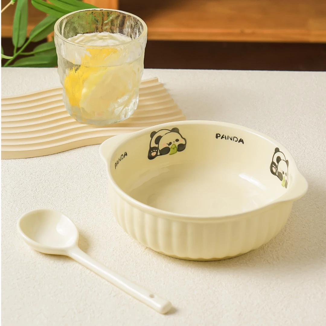 【7.5英寸双耳碗+勺】奶油风卡通熊猫面碗沙拉碗勺饭碗釉下生高颜值