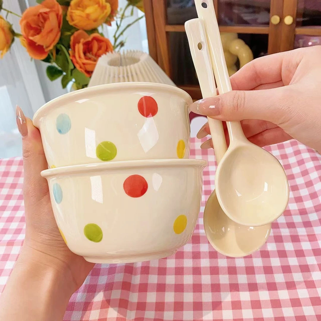 缤纷陶瓷4.5英寸2碗2勺组合碗家用吃饭碗盘餐具高颜值加厚可爱ins