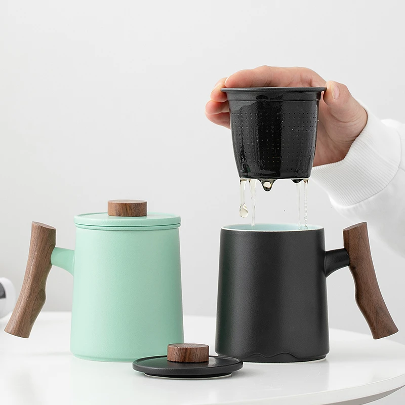 磨砂木柄陶瓷办公室高档泡茶杯子带盖过滤马克杯支持茶杯定制LOGO