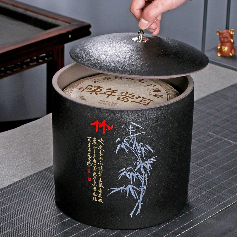 七饼装普洱茶陶瓷茶叶罐复古家用大号密封三饼装直形茶饼收纳盒子