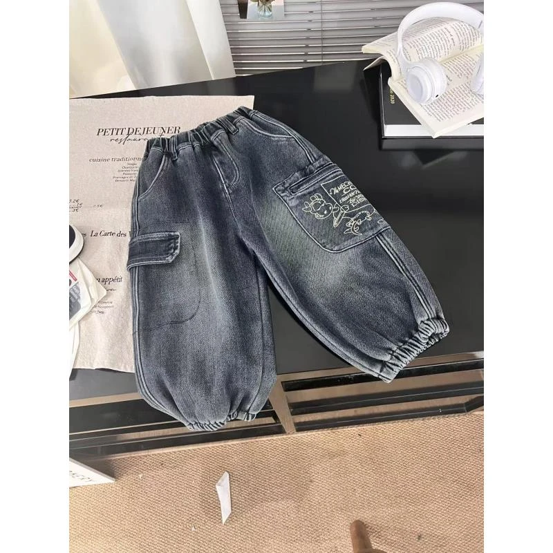 2024年秋冬新款儿童加绒牛仔裤百搭韩版宽松时尚30048牛仔裤