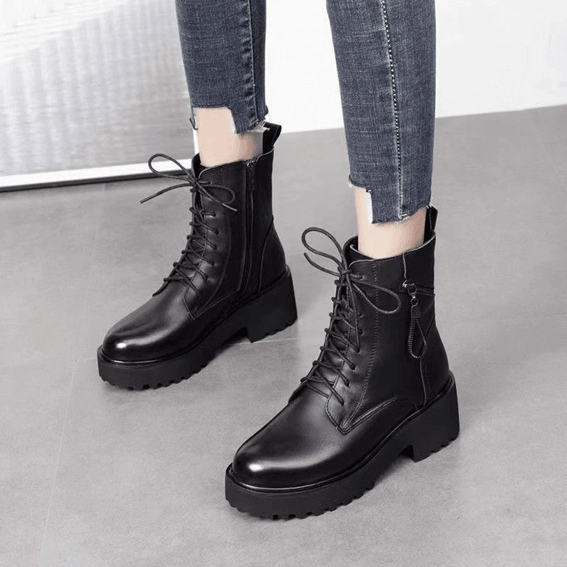 时尚英伦风软皮马丁靴女加绒厚底中跟短靴