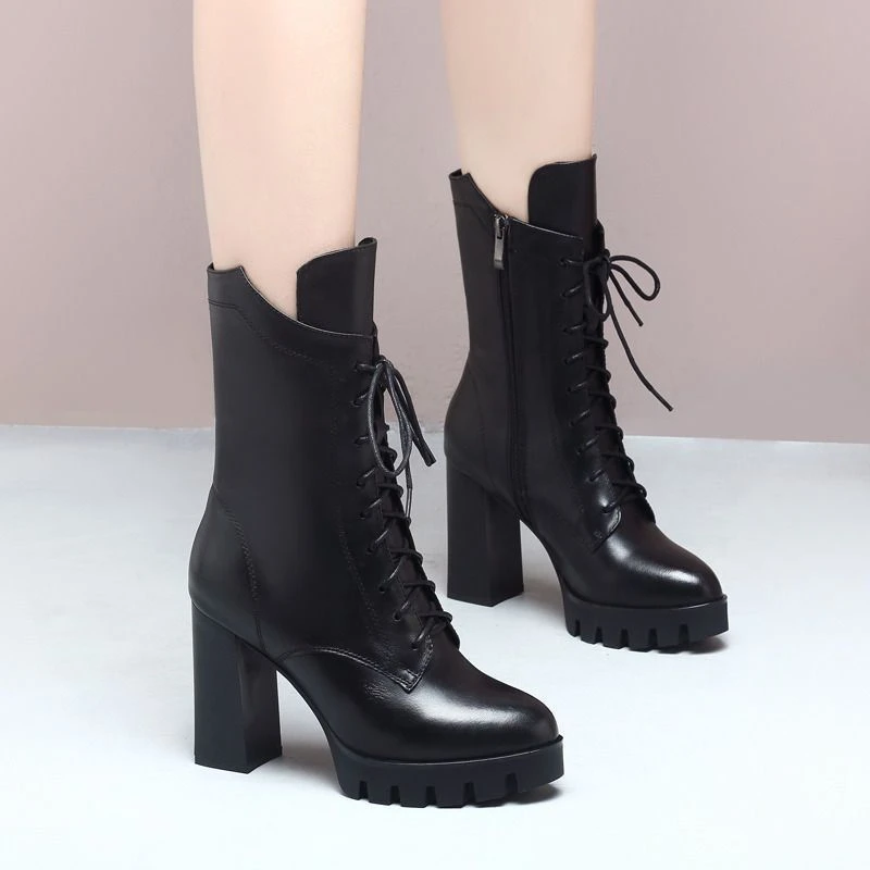 新款系带软皮马丁靴女秋冬季加绒保暖粗跟防水台厚底高跟中筒单靴