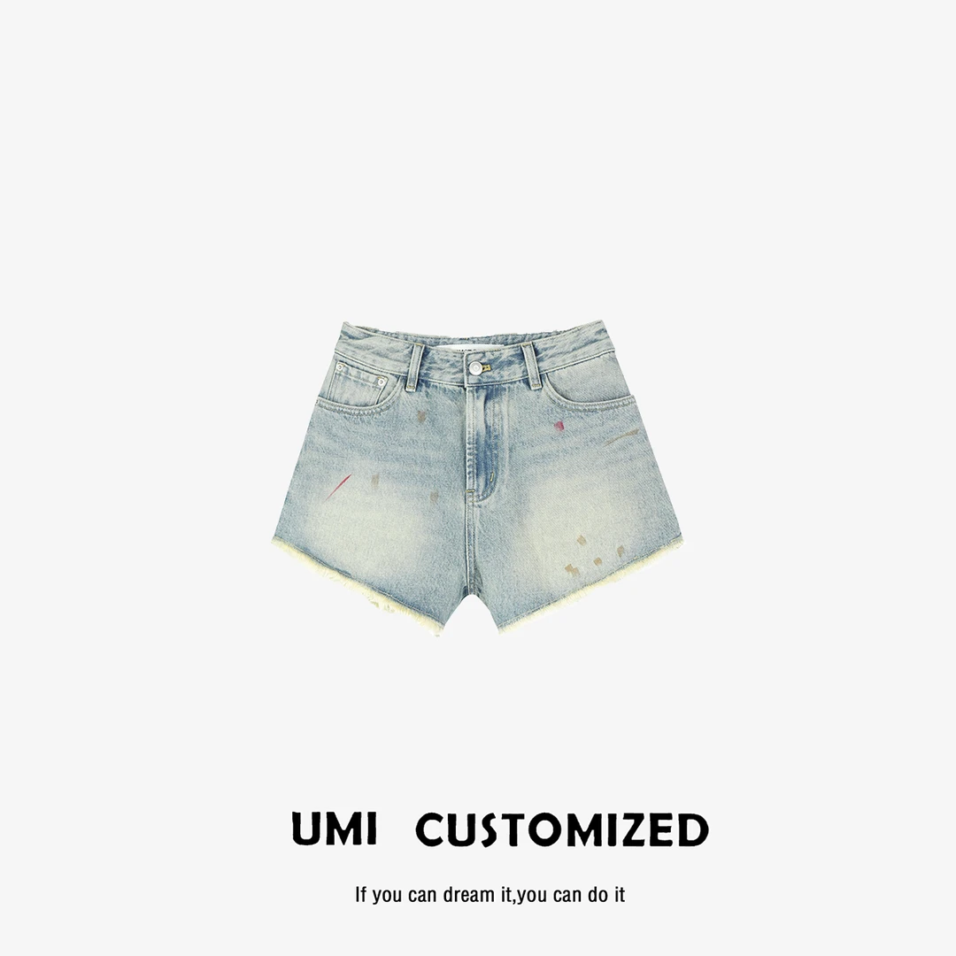 UMI  "油画"  夏季马拉拉喷墨毛边A字超短牛仔短裤