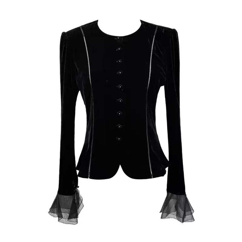 【L.D高定私服】高级丝绒气质上衣收腰百搭轻奢一排扣小开衫